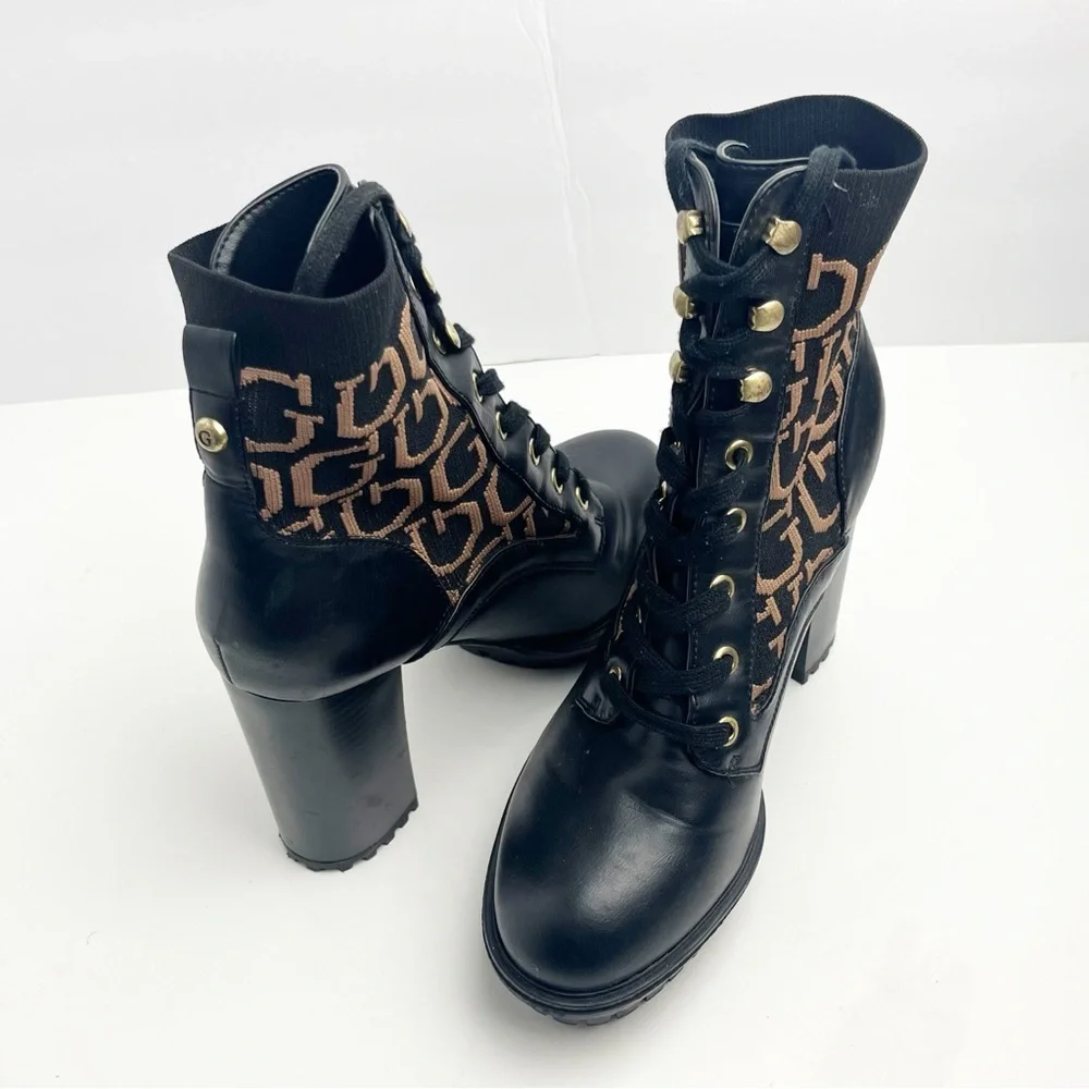 GUESS Larya Black Logo Lace Up Chunky Heel Platform Lug Sole Ankle Booties 7.5